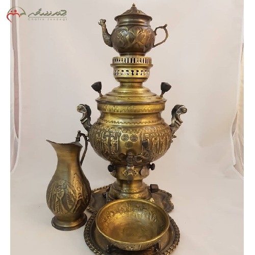 خرید، قیمت و مشخصات سرویس سماور گازی برنجی به رنگ آنتیک و بدنه ی پتینه کاری شده، جنس ورق از برنج ضخامت بالا، به قیمت تولیدی | هنرظریف