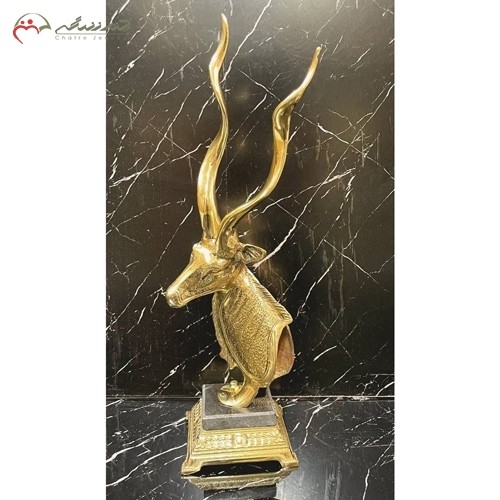 خرید آنلاین، مجسمه برنزی طرح تندیس گوزن با شاخ های بلند و پایه سنگی چهار گوش طلایی رنگ، زیر قیمت بازار | هنرظریف