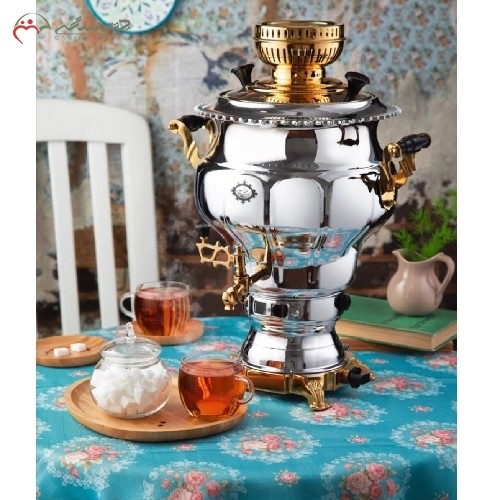 خرید آنلاین، سماور استیل گازی 6 لیتری کد 115 مدل نقشینه و طرح شکیل سنتی با رنگ نقره ای و طلایی، پیلوت دار، دارای ضمانت، زیر قیمت بازار | هنرظریف
