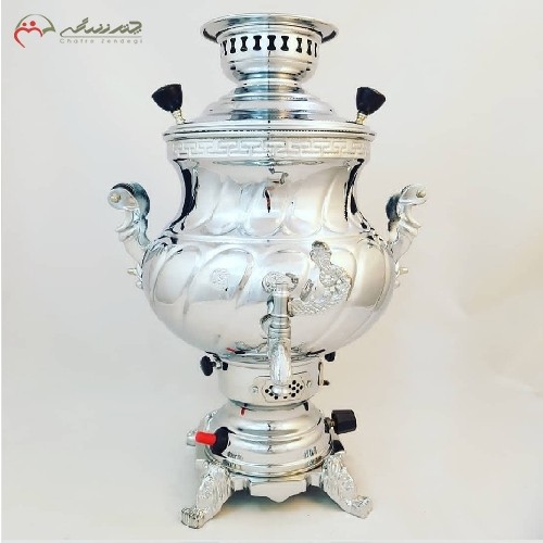 خرید آنلاین، سماور گازی برنجی فندک دار 8 لیتری کد 116 در طرح بدنه ی استکانی و روکش کروم، دارای ضمانت یک ساله، با قیمت مناسب | هنرظریف