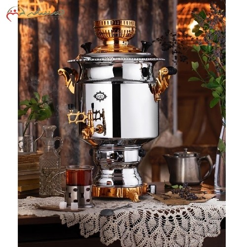 خرید آنلاین، سماور استیل 6 لیتری با طراحی سنتی شکیل، کد 115 به رنگ طلایی و نقره ای،پیلوت دار طرح آبتین، با قیمت مناسب | هنرظریف