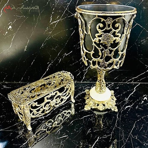 خرید آنلاین، سطل و جا دستمالی آلومینیومی، در طرح رز و پایه سنگی، شکیل و زیبا در رنگ طلایی، زیر قیمت بازار | هنرظریف