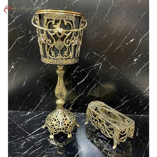 خرید آنلاین، جا دستمال کاغذی و سطل ستونی برنزی در طرح گل نرگس طلایی رنگ، پایه دار و شیک، با قیمت عالی | هنرظریف
