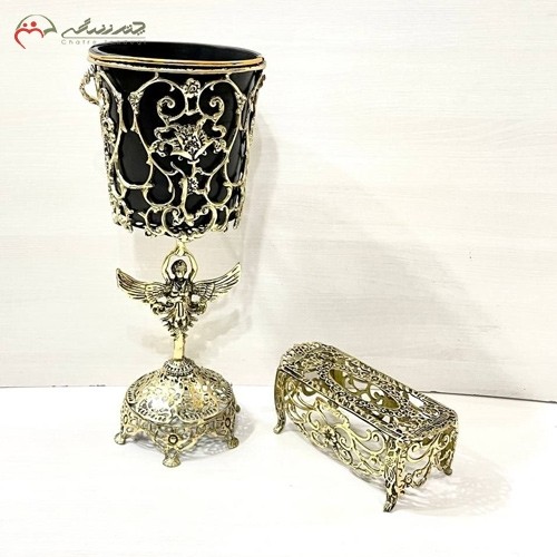 خرید آنلاین، سطل و جا دستمال کاغذی برنزی دو تکه در طرح گل رز و فرشته برجسته، پایه دار، زیر قیمت بازار | هنرظریف