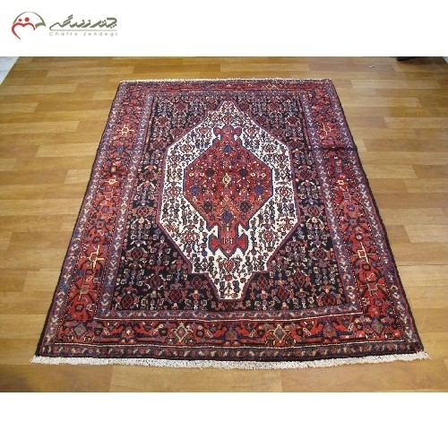 خرید آنلاین، قالیچه دستبافت سنندج کد 40110 با زمینه ی کرم و حاشیه لاکی ومدل کلاه فرنگی، طرح چشم نواز لچک و ترنج، زیر قیمت بازار | هنرظریف