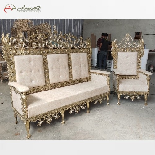 خرید آنلاین، مبل 7 نفره مدل سیمرغ تاج دار برنزی بسیار پر نقش و طراحی جدید، زیر قیمت بازار | هنرظریف