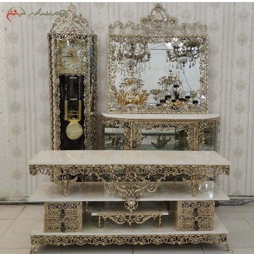 خرید آنلاین، سروس سه پارچه ی تمام برنزی سنگین وزن، رنگ اعلاء با مدل گل سرخ کار شده، درای ضمانت، زیر قیمت مناسب | هنرظریف