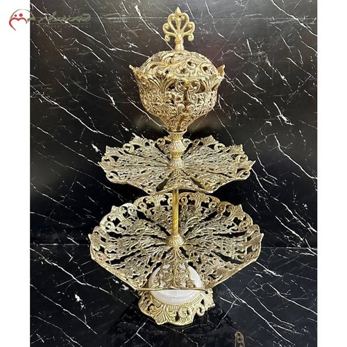 خرید آنلاین، ظرف میوه خوری شکلات خوری برنزی در طرح گل لاله با پایه سنگی سفید، سه طبقه با کیفیت اعلاء، با قیمت مناسب | هنرظریف