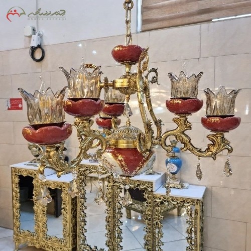 خرید آنلاین، لوستر برنزی آبکاری شده سرامیکی 6 شاخه با سر شاخه های کریستالی طرح گل، بدون تغییر رنگ، به قیمت تولیدی | هنرظریف