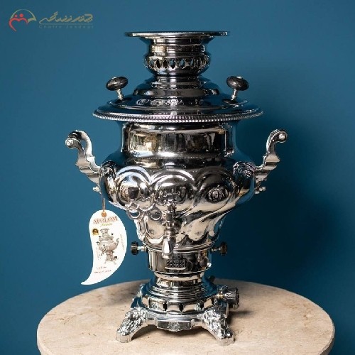 خرید آنلاین، سماور گازی برنجی 7 لیتری در طرح افسون ترک، بدنه کار شده دارای ضمانت نامه، به قیمت مناسب | هنرظریف