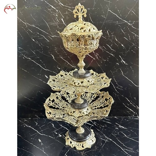 خرید آنلاین، ست پذیرایی میوه خوری و شکلات خوری برنز رنگ طلایی، سه طبقه با پایه های سنگی، زیر قیمت بازار | هنرظریف