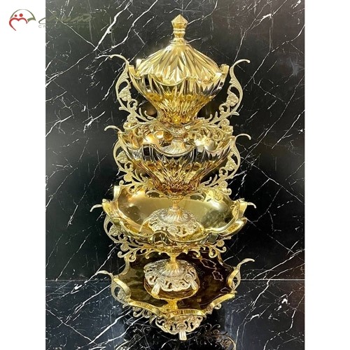 خرید آنلاین، ست پذیرایی 4 طبقه میوه خوری آجیل خوری و شکلات و شیرینی خوری الیزه، پایه دار طلایی، زیر قیمت بازار | هنرظریف