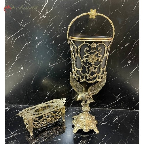 خرید آنلاین، جا دستمال کاغذی و سطل برنزی با طرح زیبای گل رز با پایه های طرح عقاب با بال های گشوده، زیر قیمت بازار | هنرظریف