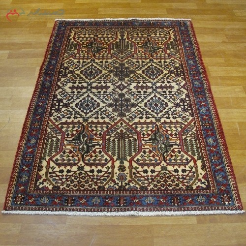 خرید آنلاین، فرش دستبافت میمه کد 39816 نقشه ی سراسری با رنگ زمینه ی لاکی و حاشیه ی آبی، چشم نواز با تقارن رنگ، زیر قیمت بازار | هنرظریف