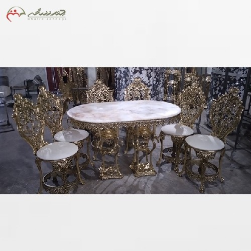 خرید آنلاین، میز ناهار خوری برنزی 6 نفره مدل سلطنتی رنگ ثابت، با صفحه سنگ مرمر اعلاء، با کیفیت عالی، زیر قیمت بازار | هنرظریف