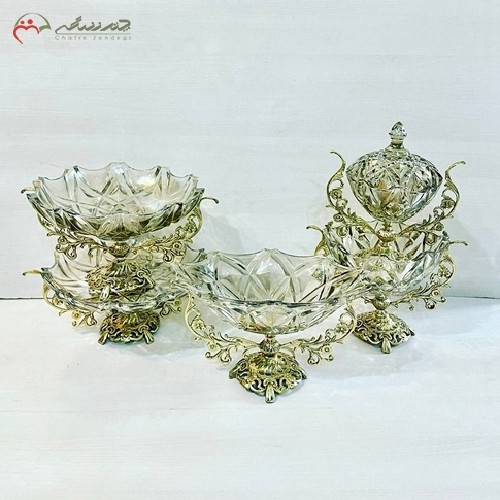 خرید آنلاین، ست کریستالی 5 پارچه پذیرایی، طلایی رنگ بسیار شکیل و زیبا، با کیفیت، با قیمت مناسب | هنرظریف