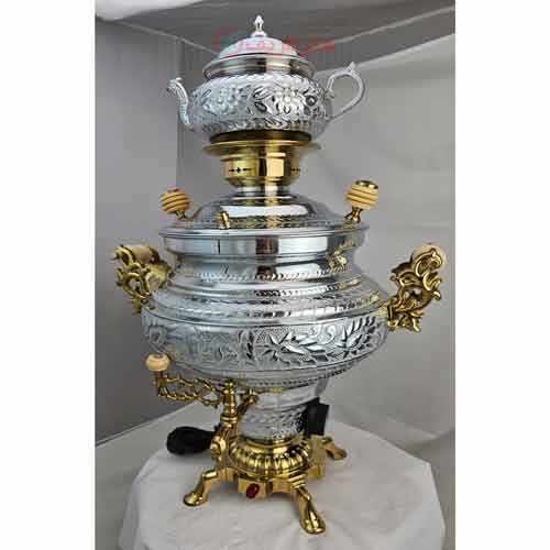 خرید، قیمت و مشخصات سماور برقی دو رنگ طلایی و نقرهای با طرحهای برجسته ارزان و با کیفیت _ هنرظریف
