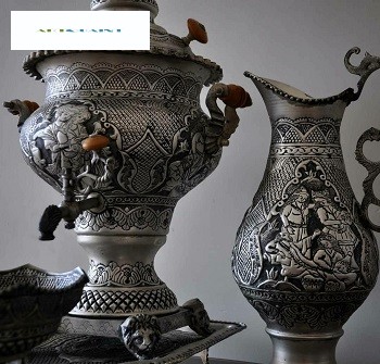 سرویس سماور قلمزنی برنجی 5 لیتری اعلاء، با آبکاری پتینه نقره و امضا دار