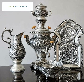 سرویس سماور 3 لیتری و چایخوری قلمزنی پتینه نقره، ریز قلم و جذاب - هنرظریف