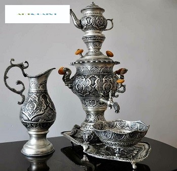 سرویس سماور 3 لیتری و چایخوری قلمزنی پتینه نقره، ریز قلم و جذاب