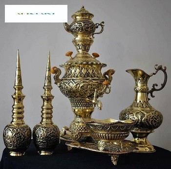 سرویس سماور و تنگ‌ شاخ دار، قلمزنی اعلاء گل و مرغ، روکش کوره ای و رنگ ثابت - هنرظریف