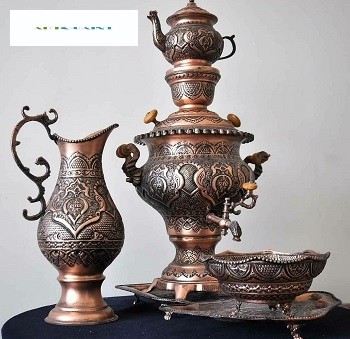 سرویس سماور ریز قلم‌ برنجی 5 لیتری، ریز قلم و رنگ کوره ای ثابت - هنرظریف