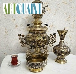 سماور برنجی 6 لیتری عدسی سه پایه مشابه روسی، ریز قلم، سفارشی و با کیفیت