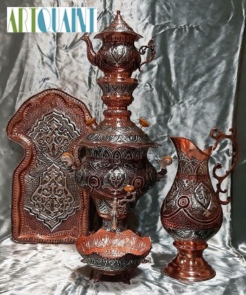 سرویس کامل سماور قلمکاری مس و آب نقره، دست ساز و بدون تغییر رنگ در طول زمان	- هنرظریف