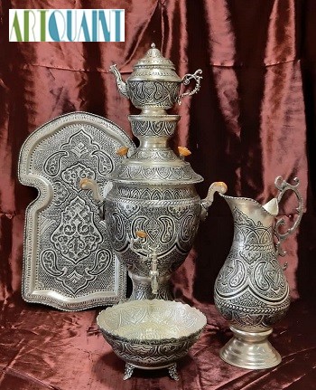 سرویس کامل سماور ریز قلم‌ 6 لیتری، جنس برنج با روکش کوره ای و رنگ‌ ثابت - هنرظریف