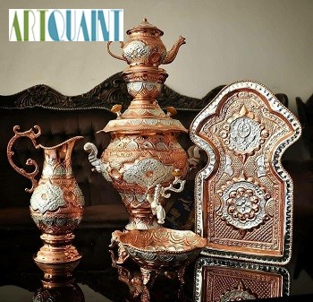 سماور ریز قلم‌ 5 لیتری برنجی، دارای روکش کوره ای نقره و مس با رنگ ثابت	 - هنرظریف