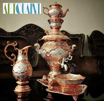 سماور ریز قلم‌ 5 لیتری برنجی، دارای روکش نقره و مس کوره ای با رنگ ثابت