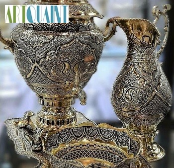 ست کامل سماور برنجی قلمزنی 6 لیتری، قلم دست اعلاء و سیاه قلم