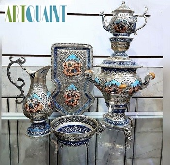 سرویس کامل سماور 3 لیتری برنجی قلمزنی مینیاتوری، با روکش نقره و نقاشی دست