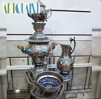ست سماور برنجی روکش نقره و قلم دست با نقاشی مینیاتوری زیبا - هنرظریف