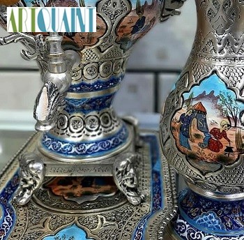 سرویس کامل سماور 3 لیتری برنجی قلمزنی مینیاتوری، با روکش نقره و نقاشی دست