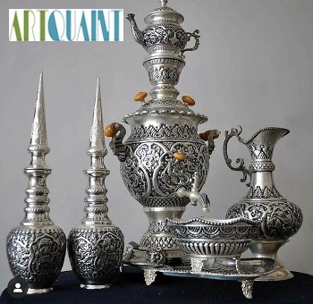 سرویس سماور قلمزنی 4 لیتری طرح گل و مرغ، آبکاری برنج سیاه قلم با روکش نقره - هنرظریف