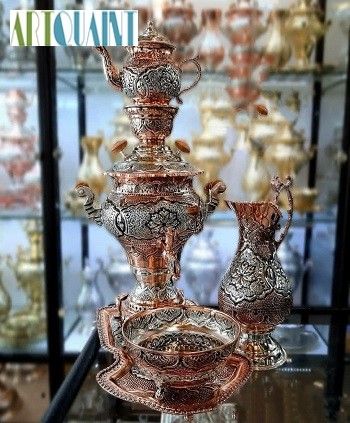 ست کامل سماور ریز قلم‌ 5 لیتری، جنس برنج با روکش نقره و مس - هنرظریف