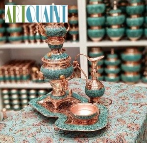 سرویس سماور مس و فیروزه، فیروزه اصل نیشابور، با کیفیت عالی و به همراه ضمانت - هنرظریف