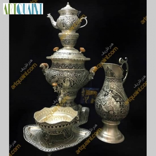 سماور دکوری برنجی 4 لیتری با روکش نقره، سیاه قلم