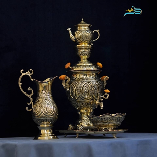سرویس سماور 4 لیتری برنجی قلمزنی سیاه قلم، دکوری، قلم دست اعلاء