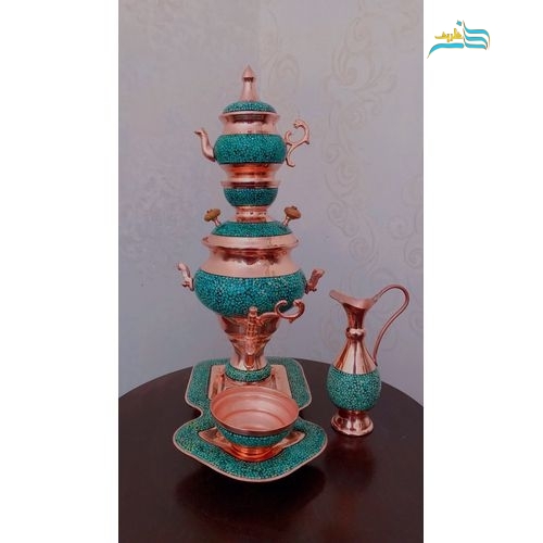 سرویس کامل سماور مسی فیروزه کوبی با کیفیت اعلاء و روکش پلی استر