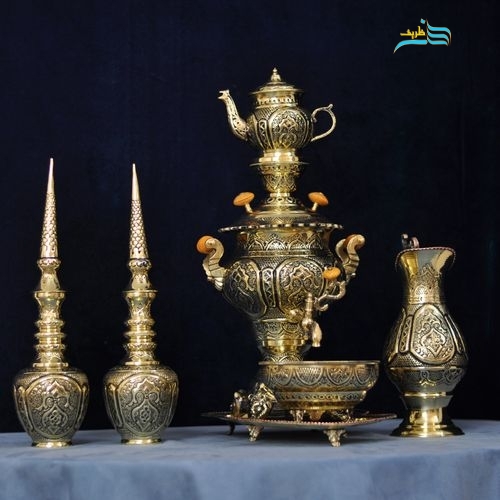 سرویس سماور دکوری برنجی و تنگ شاخدار قلم استاد لطفی - هنرظریف