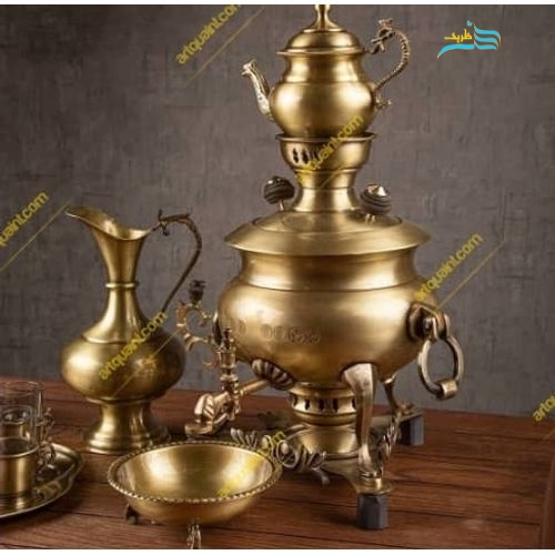 سماور برنجی زغالی 6 لیتری سنگین وزن، ورق ضخیم با ارتفاع 50 سانتیمتر - هنرظریف