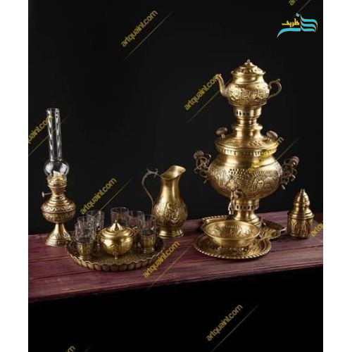 سماور برنجی زغالی شش لیتری با ارتفاع 57 سانت و ورق ضخیم برنج