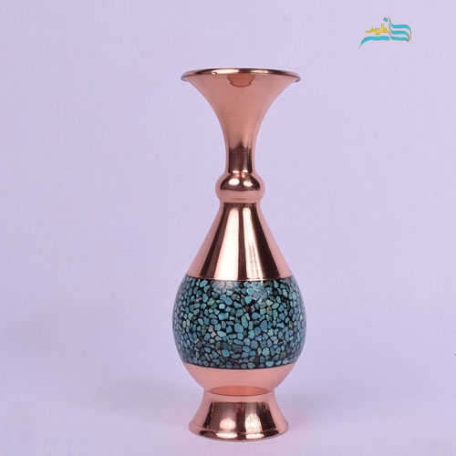 گلدان مسی صراحی 20 فیروزه کوبی ورق ضخیم با فیروزه اصل نیشابور