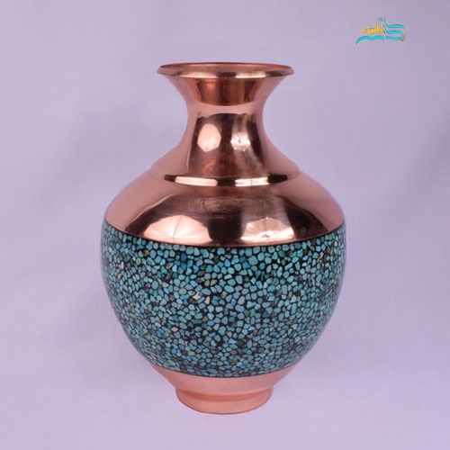 گلدان بلونی مسی تزئین شده با فیروزه اصل نیشابور با کیفیت درجه 1 و روکش دار