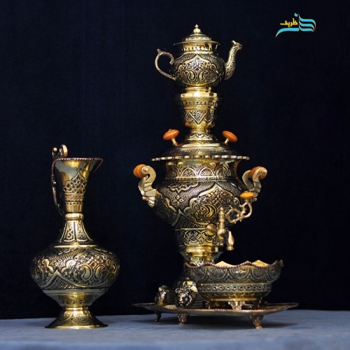 سرویس سماور برنجی قلمزنی ریز نقش اعلاء، طرح اسلیمی