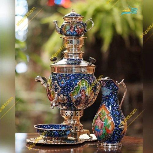 سرویس کامل سماور دکوری برنجی با نقاشی مینیاتوری زیبا و خاص - هنرظریف