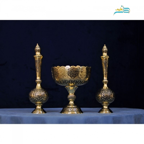 تنگ قلندری و آجیل خوری برنجی قلم زنی اعلاء با طرح گل مرغ - هنرظریف