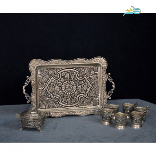 سرویس سماور، چای خوری و تنگ شاخدار برنجی با روکش کوره ای نقره